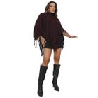 Poncho Feminino Inverno Tricot Gola Alta Bico Franjas Luxo