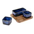 Porta aperitivos de ceramica azul e base de madeira - 3 pcs - BTC