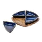 Porta aperitivos de ceramica azul e base de madeira - 4 pcs - BTC