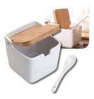 Pote Saleiro Cozinha Porcelana Com Tampa Bambu + Colher Lyor Decoração Luxo Mesa posta