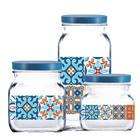 Potes de Vidro Decorado Style Mosaic Tampa Plást Azul 3Pcs