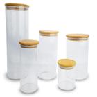 Potes de Vidro Herméticos Tampa de Bambu - Para Mantimentos - Kit com 5 Unidades - MGX