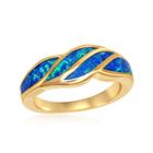 Prata Esterlina GP Blue Inlay Opal Wave Design Ring, Tamanho 8