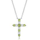 Prata esterlina Peridot CZ Agosto Birthstone Cross Colar