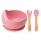 Prato Bowl C/Ventosa Colher Garfo Silicone Bebê Rosa - Buba