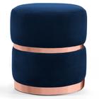 Puff Decorativo Com Cinto e Aro Rosê Round B-304 Veludo Azul Marinho - Domi