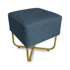 Puff Quadrado Bela Linho Azul Base X Dourado - Vallisa Decor