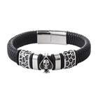 Pulseira Bracelete Masculino Couro Caveira Aço Inox