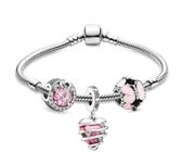 Pulseira com Berloques Prateado Estilo Pandora Coração Rosa