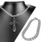 Pulseira + cordão aço inox prata + pingente pai nosso cruz presente social moda masculina religioso