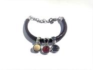 Pulseira Couro Marron Berloque Prateada Rodio Lizzy Fatin