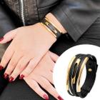 Pulseira de Couro Feminina Ajustável Tubinho Detalhes Dourado Elegante Preto