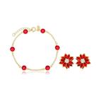 Pulseira E Brinco Flor Banhado A Ouro 18K