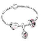 Pulseira Estilo Pandora com Berloques Prateado. Coração Rosa.