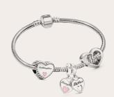 Pulseira Estilo Pandora com Berloques Prateado. Coração Rosa. Mãe