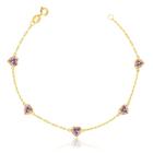 Pulseira Feminina Em Ouro 18k Pedras Coração De Zircônia 5mm Rosa