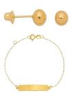 Pulseira Infantil Chapinha Com Brinco Bola 4mm Ouro 18k