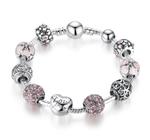 Pulseira Infantil Estilo Pandora com Berloques Prateado. Coração Rosa