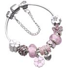 Pulseira Infantil Estilo Pandora com Berloques Prateado. Coração Rosa