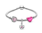 Pulseira Infantil Estilo Pandora com Berloques Prateado. Coração Rosa