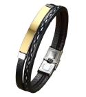 Pulseira Masculina De Couro Aço Inoxidável 2 Fecho Cor Dourada