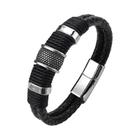 Pulseira Masculina de Couro Genuíno Marrom com Contas de Pedra e Aço Inoxidável