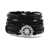 Pulseira Masculina de Couro Preto com 4 Pulseiras