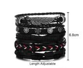 Pulseira Masculina de Couro Preto com 5 Pulseiras