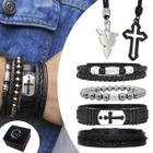 Pulseiras de Couro Masculina Kit C/4 TAG CRUZ CRUCIFIXO + 2 Colares Premium