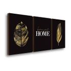 QADR19-Kit 3 Quadros Decorativos Folhagem Home Ouro 40x60cm