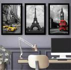 Quadro 60X20Cm New York Paris Londres Preta