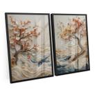 Quadro Abstrato Coast Wisdom Tree Kit 2 Telas C/ Moldura e Vidro Decorativo Para Sala Quarto Hall - Bimper