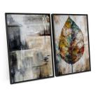 Quadro Abstrato Moderno Folha Seca Pinceladas Cinza Kit 2 Telas Canvas 120x80 Grande Moldura - Bimper