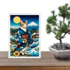 Quadro Arte Oriental - Gato Com Girassóis 24x18cm - com vidro