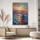 Quadro com Moldura Decorativo Para Sala Quarto Hall Barco Arte Por do Sol Pintura