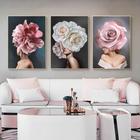 Quadro decorativo 3 peças 40x60 elegante mulher com flores na cabeça