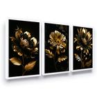 Quadro Decorativo 3 peças Flor Dourada Luxo Moldura Grande