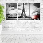 Quadro Decorativo 55x110 torre Eiffel pb e carro vermelho