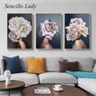 Quadro decorativo abstrato 3 peças Mulher floral de luxo moda cartaz flor senhora