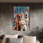 Quadro Decorativo Animais Casal de Cachorros e um Filhote Com Moldura Dourada - 150x80 cm