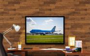 Quadro Decorativo Avião Boeing 747 Azul Aeronave Escritório Salas Quartos Com Moldura RC003