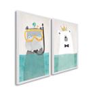 Quadro Decorativo Diversão no Fundo do Mar Infantil com 2 Telas de Parede para Quarto Sala Brinquedo Branco