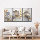 Quadro Decorativo Floral Delicado Branco e Dourado 3 Telas de Parede para Sala Quarto Escritório 60c Sem Vidro