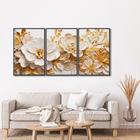 Quadro Decorativo Floral Delicado Flores Brancas e Amarelas com 3 Telas de Parede para Sala Quarto Escritório