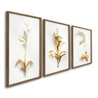 Quadro Decorativo Floral Delicado Flores Brancas e Douradas com 3 Telas 50x75 e 60x90 de Parede para Sala Quarto Escritório