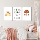 Quadro Decorativo Infantil Crianças Sol e Arco Íris com 3 Telas de Parede para Quarto Sala Brinquedo Branco