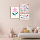 Quadro Decorativo Infantil Floral Delicado Flores Rosas com 3 Telas 50x75cm de Parede para Quarto Sala Brinquedoteca