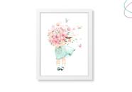 Quadro decorativo infantil menina com flores aquarela