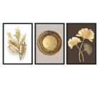 Quadro Decorativo Kit 3 Folhas Brancas Abstrato Círculo Dourado Tropical Sala Quarto
