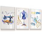 Quadro Decorativo Kit 3 Máquina Costura Tesoura Agulha Linha Dedal 33X43 CADA